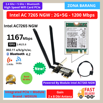 Intel AC7265 High Speed Wifi Card PCIe Dual Band 2.4 Ghz 5 Ghz Bluetooth 1200 Mbps